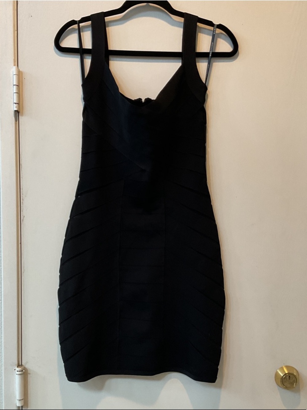 Marciano Black Bandage Mini Dress with Wide Straps and sheer slits on side